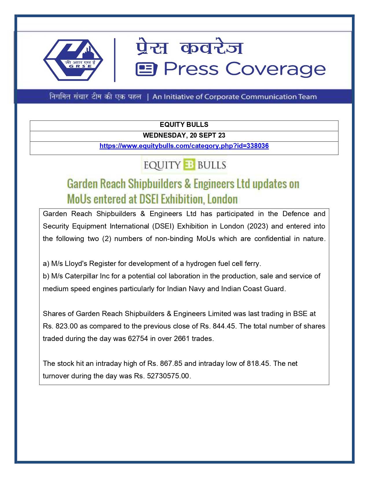 Press Coverage : Equity Bulls, 20 Sep 23 : GRSE updates on MoU entered at DSEI Exhibition, London
